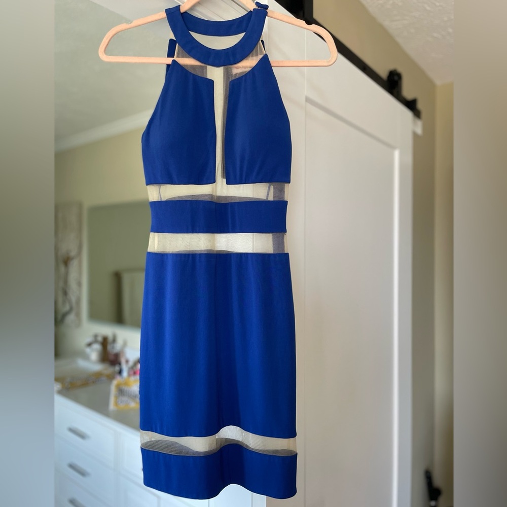 Jovani Royal Blue and Cream Backless Dress